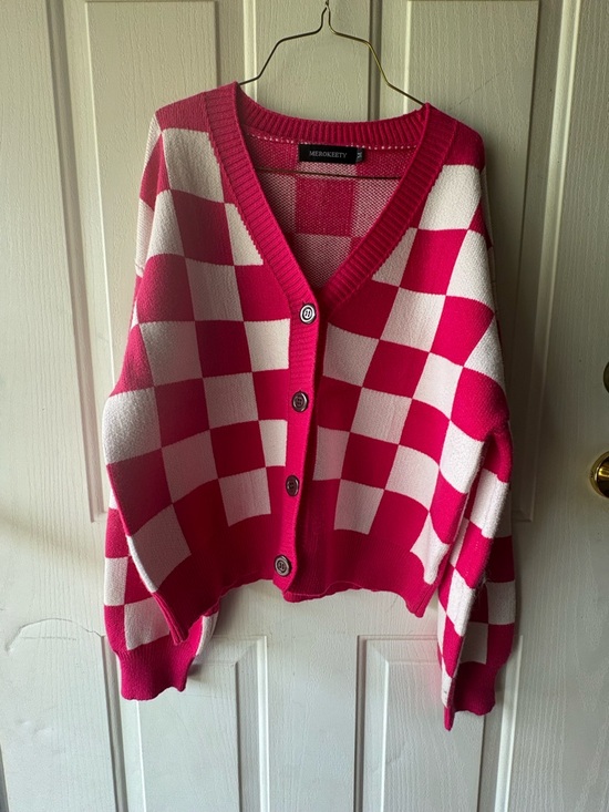 Sweaters - MEROKEETY Pink Check Crewneck Sweater